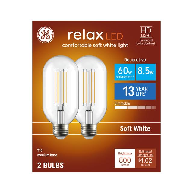 GE Relax HD LED 60 Watt Replacement, Soft White, T18 Deco - Tubular Bulbs (2 Pack)