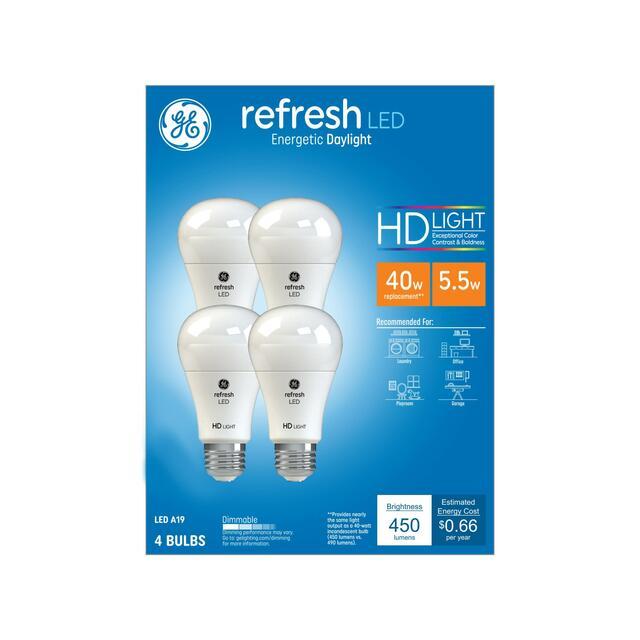 GE Refresh HD LED 40 Watt Replacement, Daylight, A19 General Purpose Bulbs (4 Pack)