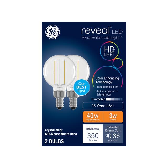GE Reveal HD+ LED 40 Watt Replacement, Reveal, G16.5 Vanity - Globe Bulbs (2 Pack)