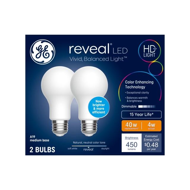 GE Reveal HD+ LED 40 Watt Replacement, Reveal, A19 General Purpose Bulbs (2 Pack)