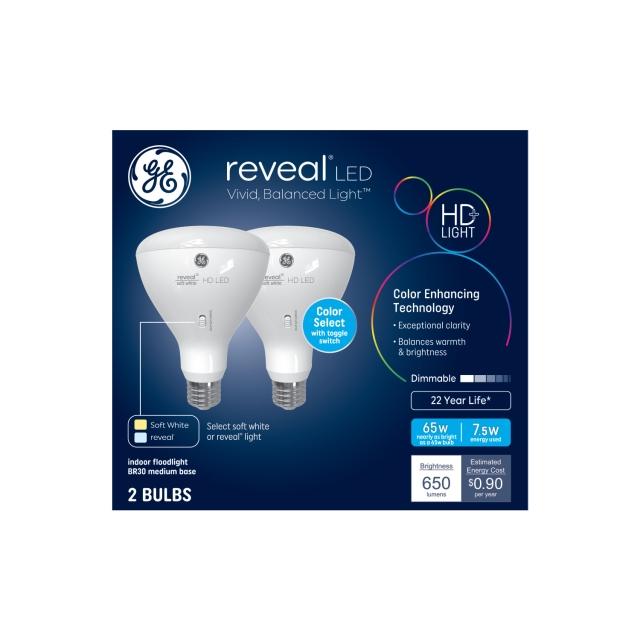 GE Reveal HD+ LED 65 Watt Replacement, Reveal + Soft White, BR30 Indoor Floodlight Bulbs (2 Pack)