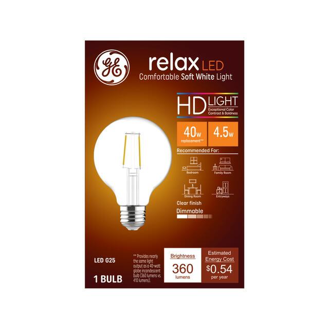 GE Relax HD G25 LED Light Bulb, Vanity Globe Light, 40 Watt Replacement, Soft White