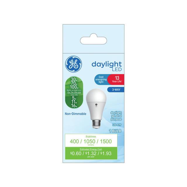 GE LED Light Bulb, A19 3-Way Light Bulb, 100/70/30 Watt Replacement, Daylight