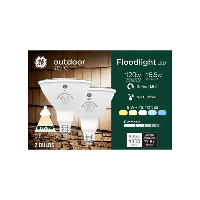 GE Outdoor Style Security PAR38 LED Floodlight, 120W Replacement Light Bulb, 5 White Tone Selection (2 Pack)
