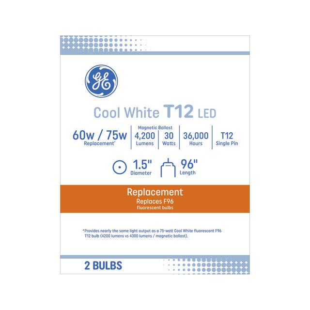 GE LED Replacement Cool White 30 Watt 93.92 Inches T12 Fa8 Base LED Tube 2 Pack