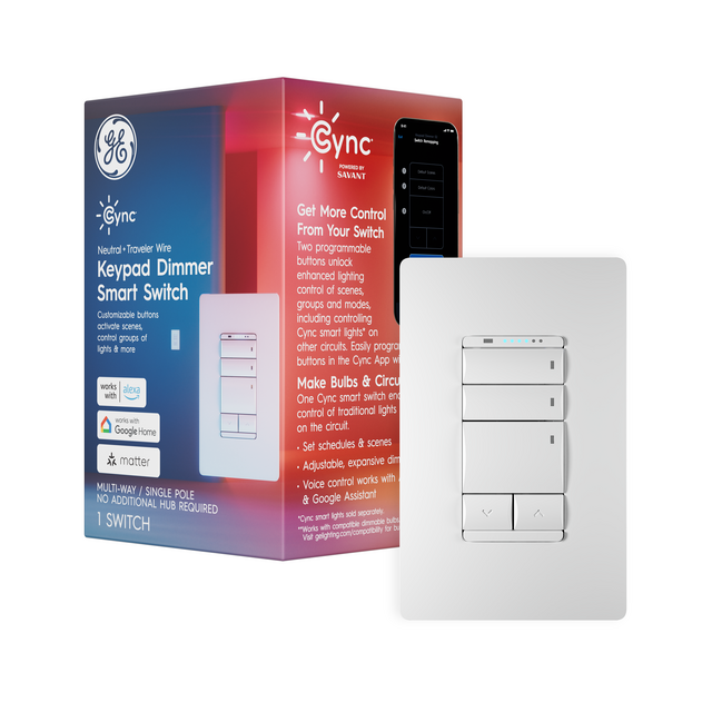 GE Cync Keypad Dimmer Smart Light Switch, Neutral + Travel Wire, Bluetooth and 2.4 GHz Wi-Fi, Works with Alexa and Google Home