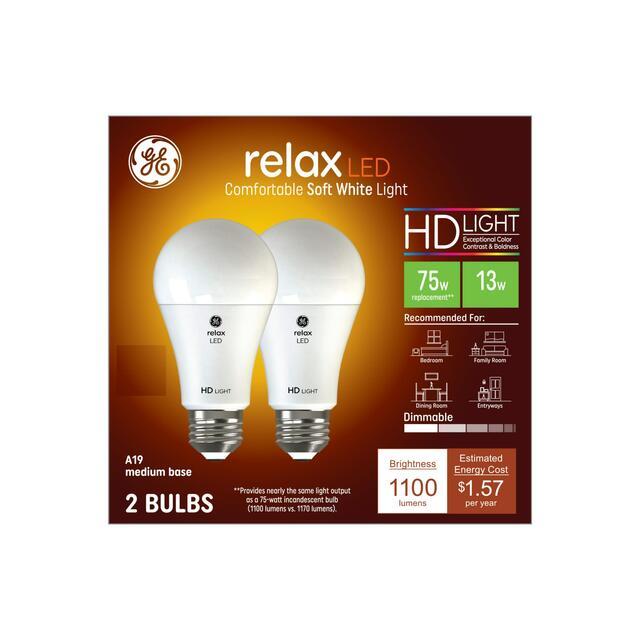 GE Relax HD A19 LED Light Bulbs, General Purpose Bulbs, 75 Watt Replacement, Soft White (2 Pack)