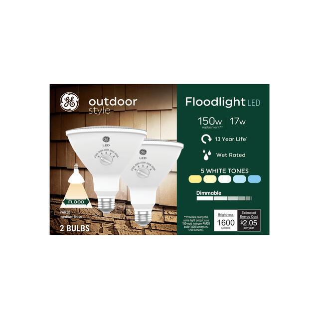 GE Outdoor Style PAR38 LED Floodlight, 150W, 5 Color White Tone (2 Pack)