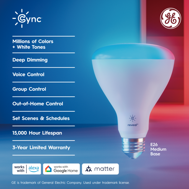 GE Cync Reveal BR30 Smart LED Light Bulb, Color Changing Smart Light, Matter Compatible, Works with Alexa and Google Home (1 Pack)