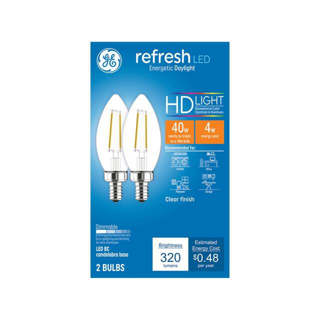 GE Refresh HD LED 40 Watt Replacement, Daylight, B11 Deco - Candle Bulbs (2 Pack)