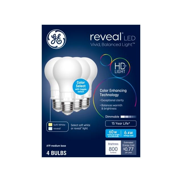 GE Reveal HD+ LED 60 Watt Replacement, Reveal + Soft White, A19 General Purpose Bulbs (4 Pack)