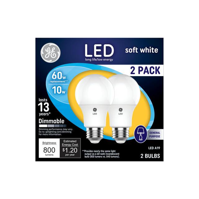 GE Classic LED 60 Watt Replacement, Soft White, A19 General Purpose Bulbs (2 Pack)