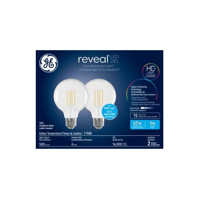 GE Reveal HD+ LED 60 Watt Replacement, Reveal + Soft White, G25 Vanity - Globe Bulbs (2 Pack)