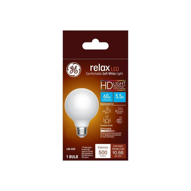GE Relax HD G25 LED Light Bulb, Vanity Globe Light, 60 Watt Replacement, Soft White