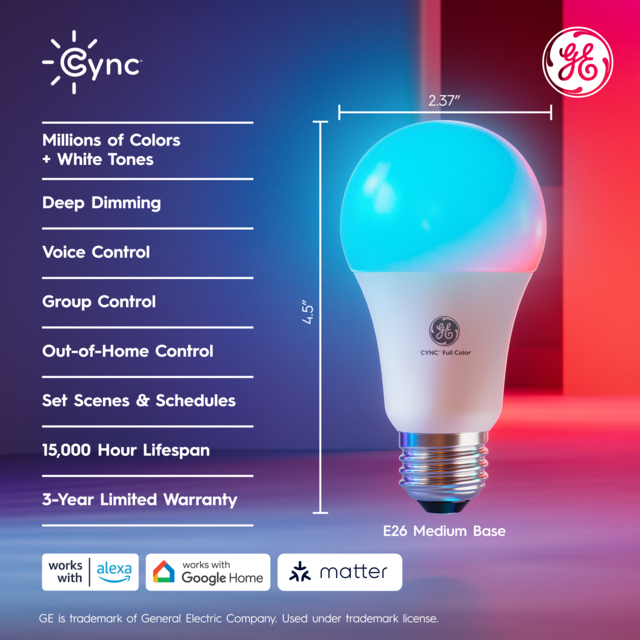 Cync Reveal Direct Connect, Full Color A19 Bulb, Matter Compatible, 1-Pack