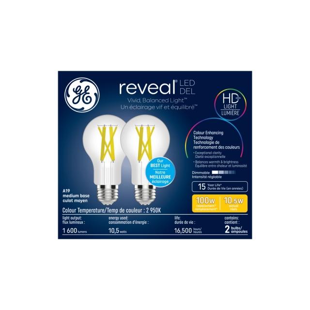 GE Reveal HD+ LED 100 Watt Replacement, Reveal, A19 General Purpose Bulbs (2 Pack)