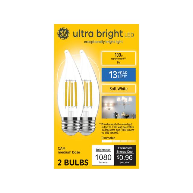GE Ultra Bright LED 100 Watt Replacement, Soft White, CA12 Deco - Candle Bulbs (2 Pack)