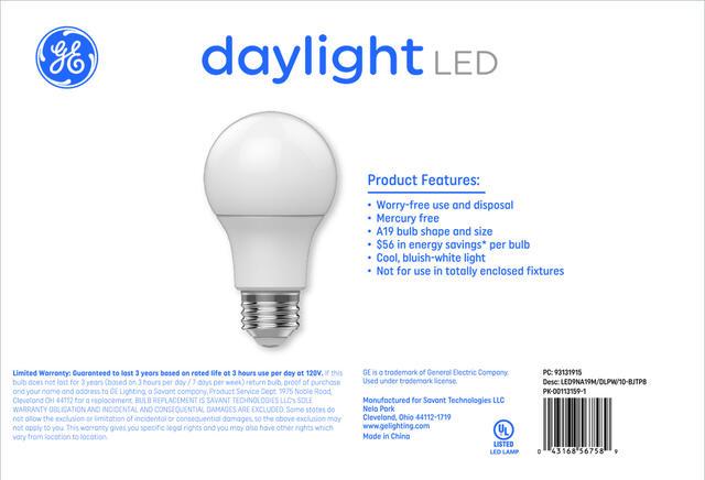 GE Basic LED 60 Watt Replacement, Daylight, A19 General Purpose Bulbs (8 Pack)