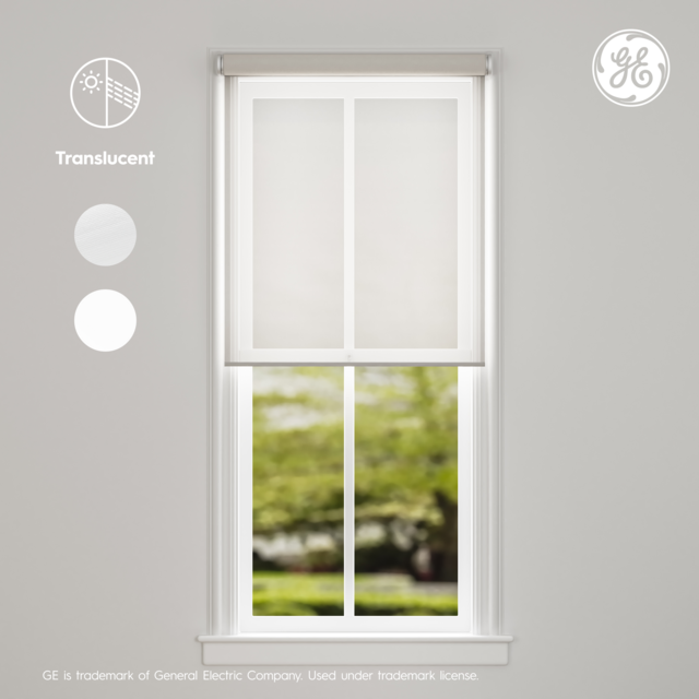 GE Smart Shade, Motorized Window Blind with Matter & Remote Control, Easy Install, White Hardware, Translucent White Fabric, Quiet Operation, 34” Width, Adjustable Length, 1 Shade