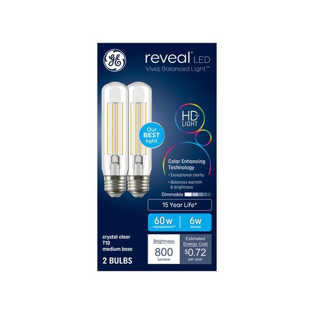 GE Reveal HD+ LED 60 Watt Replacement, Reveal, T10 Deco - Tubular Bulbs (2 Pack)