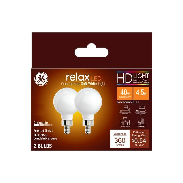 GE Relax HD G16.5 LED Light Bulbs, Vanity Globe Lights, 40 Watt Replacement, Soft White (2 Pack)