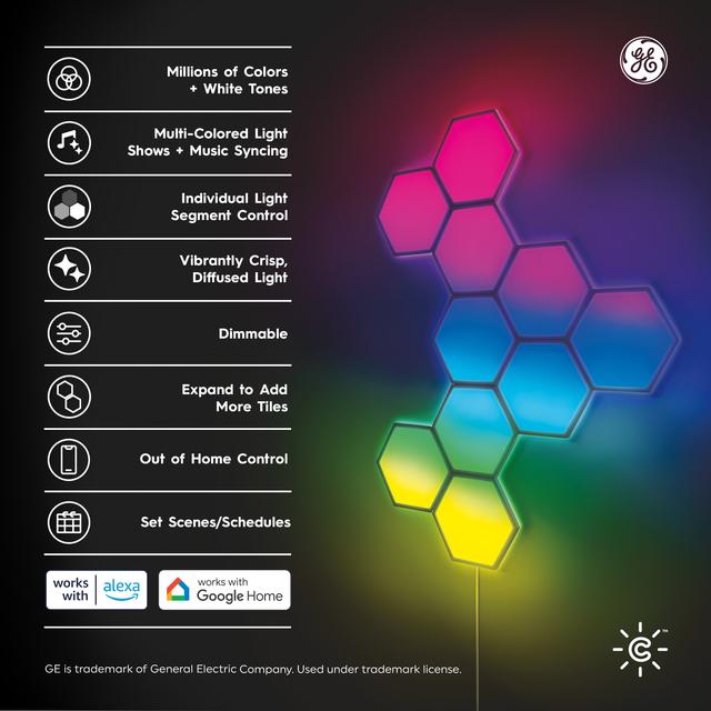 GE CYNC Dynamic Effects Full Color Smart Hexagon Panels Extension Pack, Works with Google Assistant and Amazon Alexa, Bluetooth and Wi-Fi Enabled, Power Supply Not Included (5 Pack)