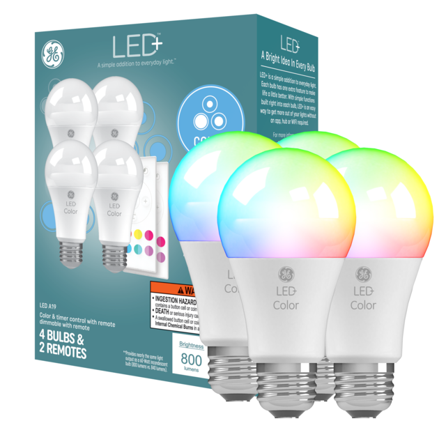 GE LED+ Color Changing LED Light Bulb, A19 Color Décor Light with Remote Control (4 Pack)