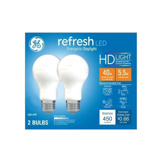 GE Refresh HD LED 40 Watt Replacement, Daylight, A19 General Purpose Bulbs (2 Pack)