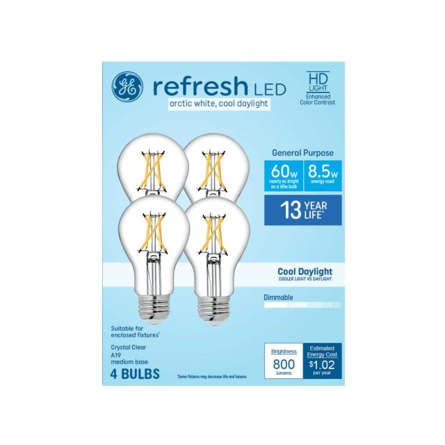 GE Refresh HD A19 LED Light Bulbs, General Purpose Bulbs, 60 Watt Replacement, Cool Daylight (4 Pack)
