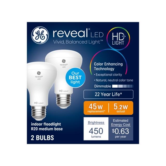 GE Reveal HD+ LED 45 Watt Replacement, Reveal, R20 Indoor Floodlight Bulbs (2 Pack)