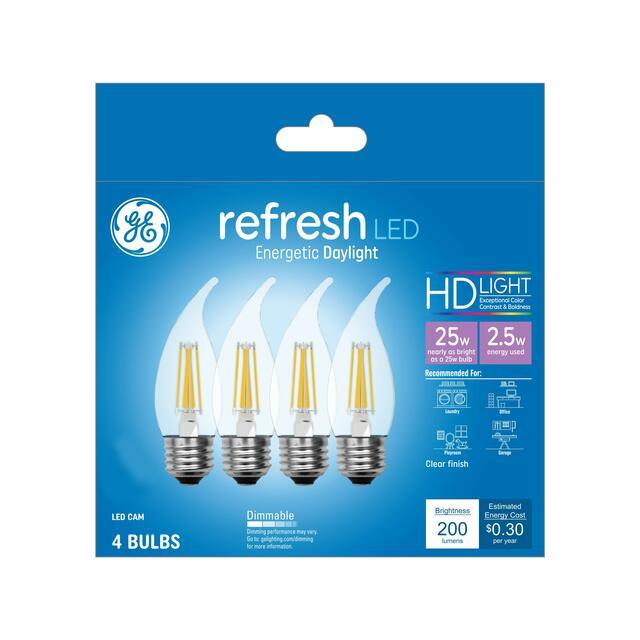 GE Refresh HD LED 25 Watt Replacement, Daylight, CA11 Deco - Candle Bulbs (4 Pack)