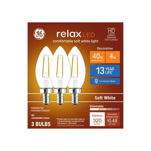 GE Relax HD B11 LED Light Bulbs, Decorative Candle Lights, 40 Watt Replacement, Soft White (3 Pack)