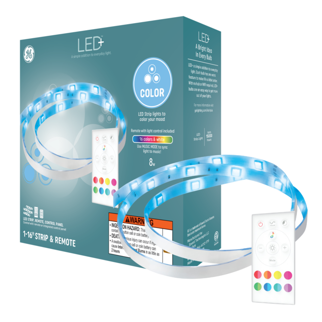 GE LED+ Color Changing LED Light Strip, Wall Décor Strip Light with Remote and Control Panel, 16ft + Power Supply