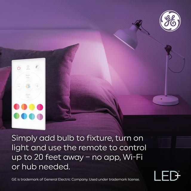 GE LED+ Color Changing LED Light Bulb, Decorative BC Lights, Remote Included, 60 Watt Equivalent, E26 Medium Base (2 Pack)