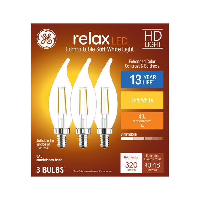 GE Relax HD CA11 LED Light Bulbs, Decorative Candle Bulbs, 40 Watt Replacement, Soft White (3 Pack)