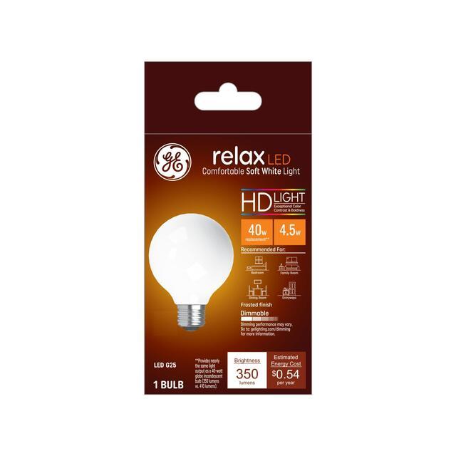 GE Relax HD G25 LED Light Bulb, Vanity Globe Light, 40 Watt Replacement, Soft White