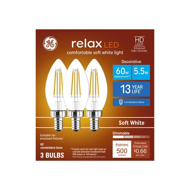 GE Relax HD B11 LED Light Bulbs, Decorative Candle Bulbs, 60 Watt Replacement, Soft White (3 Pack)