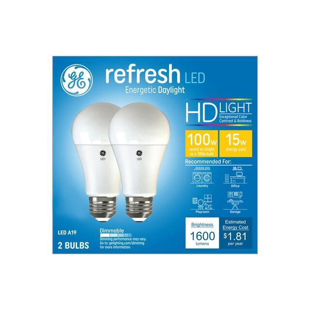 GE Refresh HD LED 100 Watt Replacement, Daylight, A19 General Purpose Bulbs (2 Pack)