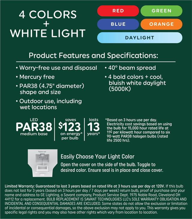 GE PAR38 LED Light Bulb, Outdoor Floodlight 5-Color Options Security Spotlight, Medium Base (1 Pack)
