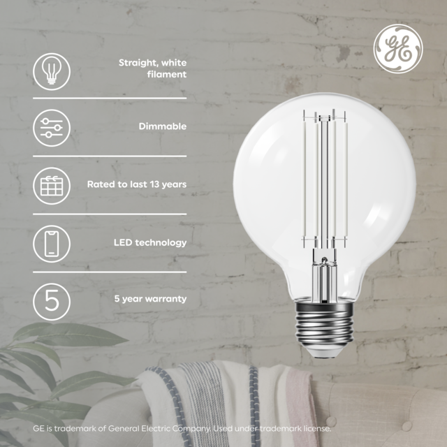 GE Pearl Filament HD LED 60 Watt Replacement, Daylight, G25 Deco - Globe Bulbs (2 Pack)