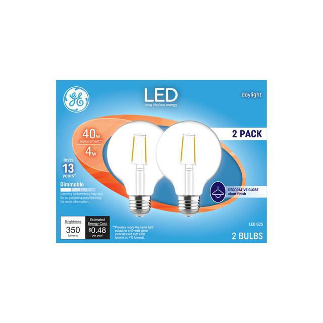 GE LED Light Bulbs, G25 Vanity Globe Lights, 40 Watt Replacement, Daylight (2 Pack)