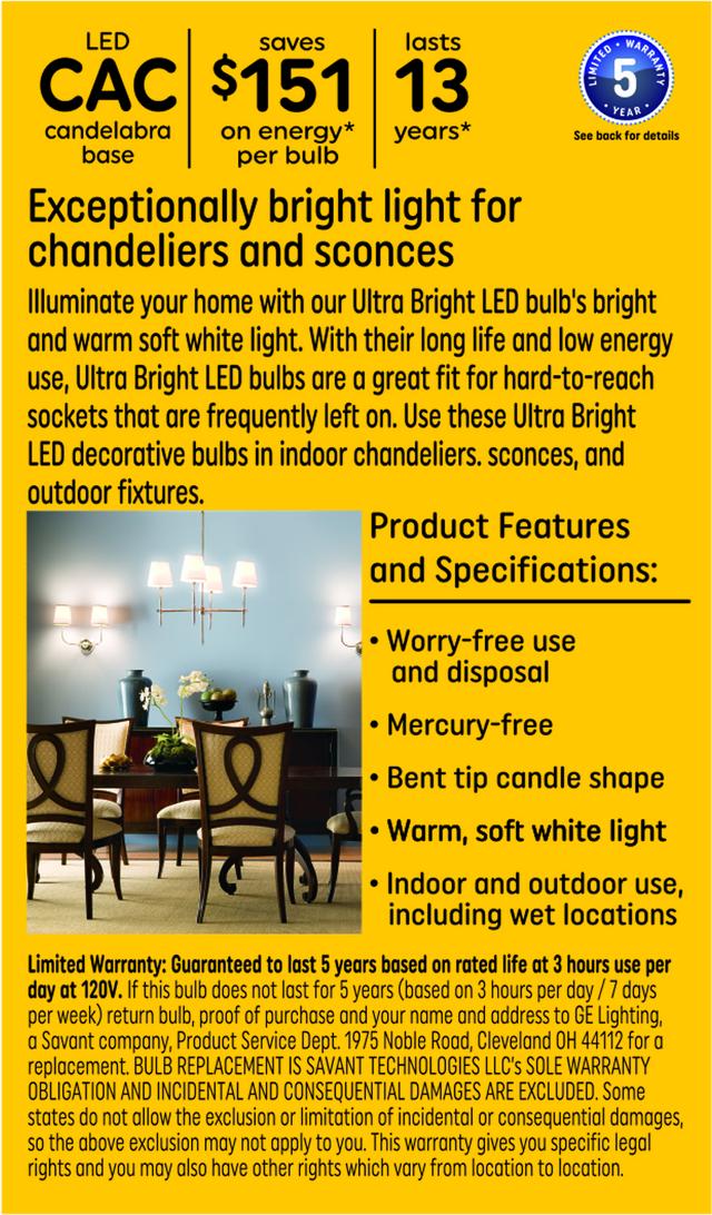 GE Ultra Bright LED 100 Watt Replacement, Soft White, CA12 Deco - Candle Bulbs (2 Pack)