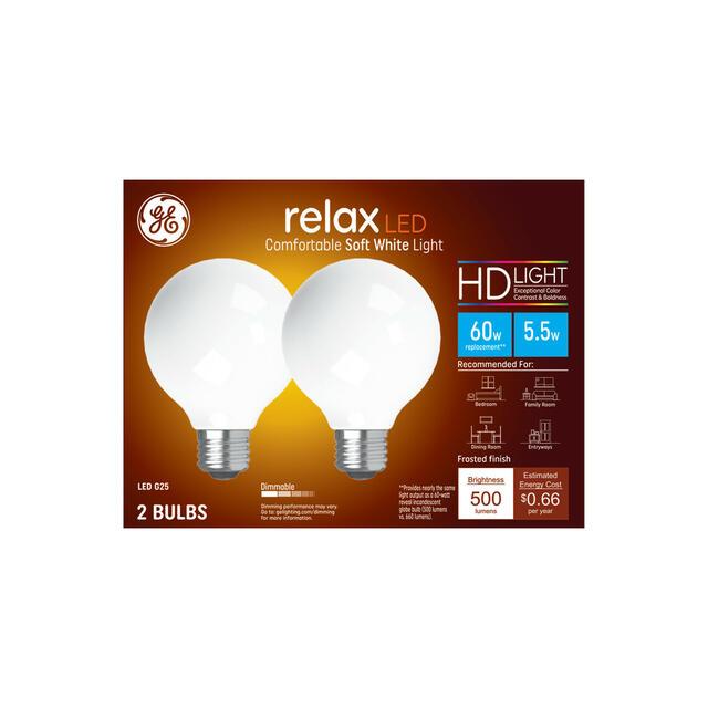 GE Relax HD G25 LED Light Bulbs, Vanity Globe Lights, 60 Watt Replacement, Soft White (2 Pack)