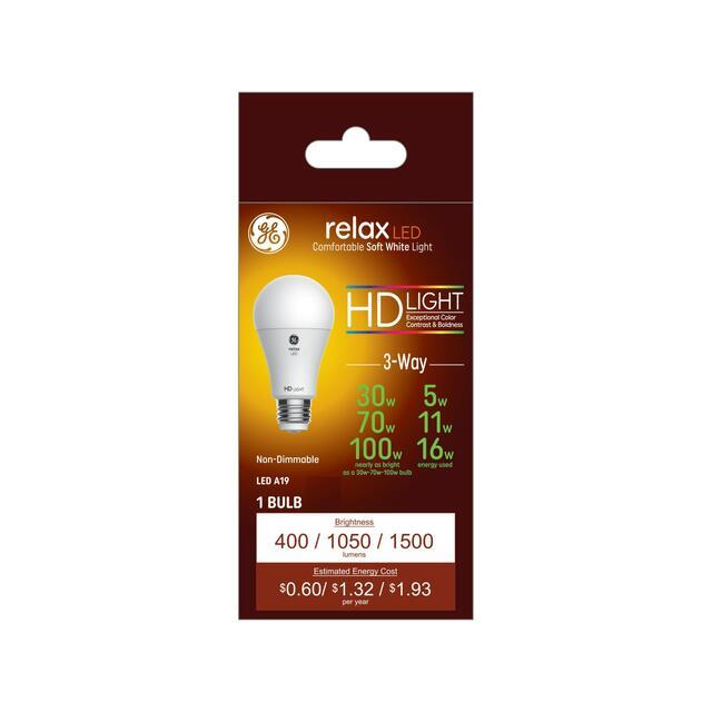GE Relax HD A19 LED Light Bulb, 3-Way Light Bulb, 100/70/30 Watt Replacement, Soft White
