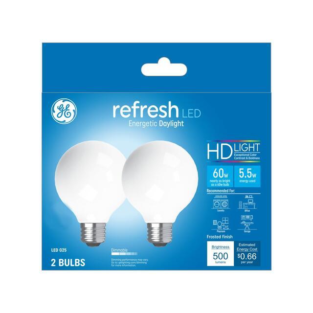 GE Refresh HD LED 60 Watt Replacement, Daylight, G25 Vanity - Globe Bulbs (2 Pack)