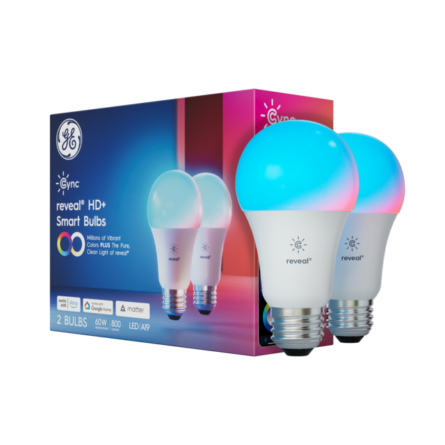 GE Cync Reveal HD+ A19 Smart LED Light Bulbs, Color Changing Wi-Fi Lights, Matter Compatible, Works with Alexa and Google Home (2 Pack)