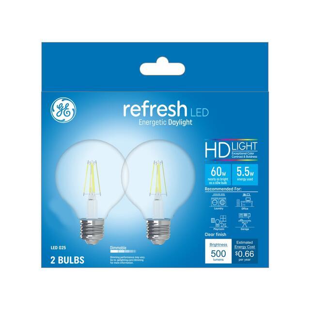GE Refresh HD LED 60 Watt Replacement, Daylight, G25 Vanity - Globe Bulbs (2 Pack)