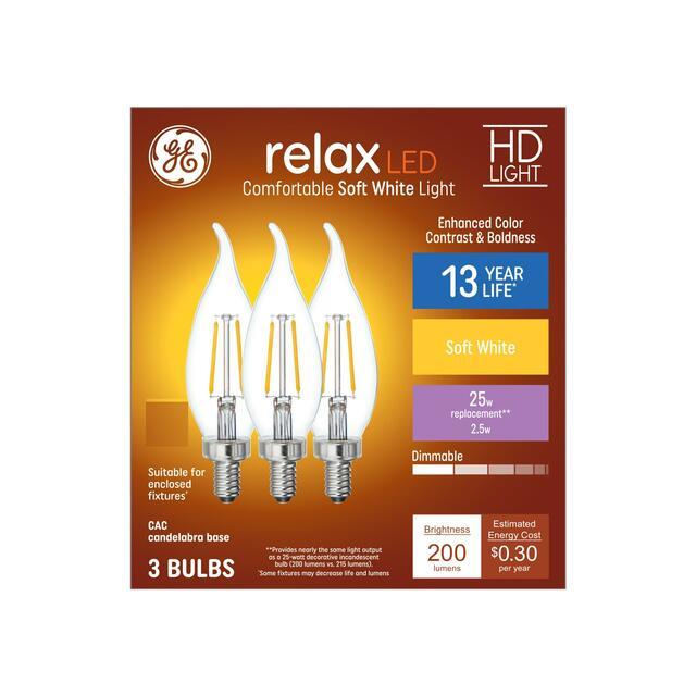 GE Relax HD CA11 LED Light Bulbs, Decorative Candle Bulbs, 25 Watt Replacement, Soft White (3 Pack)