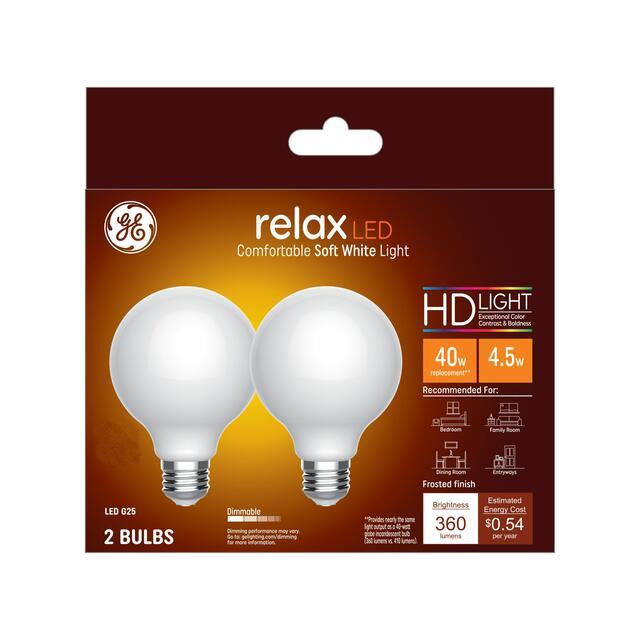 GE Relax HD G25 LED Light Bulb, Vanity Globe Lights, 40 Watt Replacement, Soft White (2 Pack)