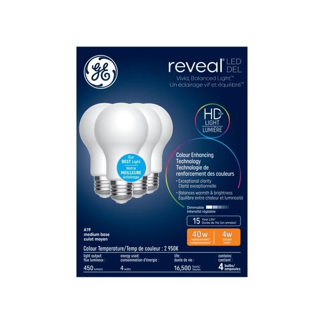 GE Reveal HD+ LED 40 Watt Replacement, Reveal, A19 General Purpose Bulbs (4 Pack)